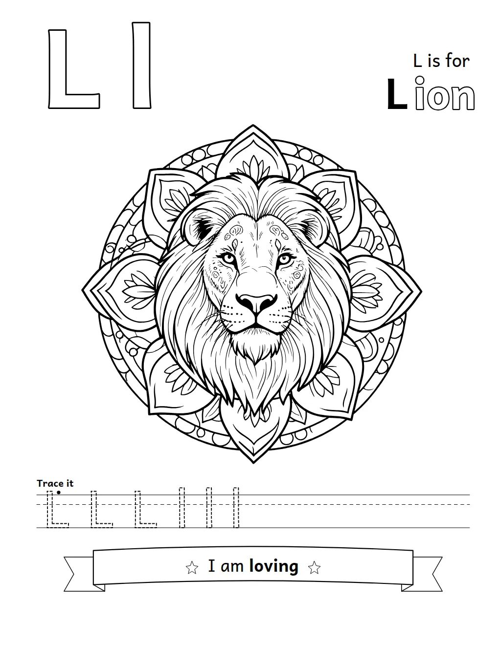 Letter L page: a lion head inside a mandala, trace-it letters and the affirmation "I am loving"