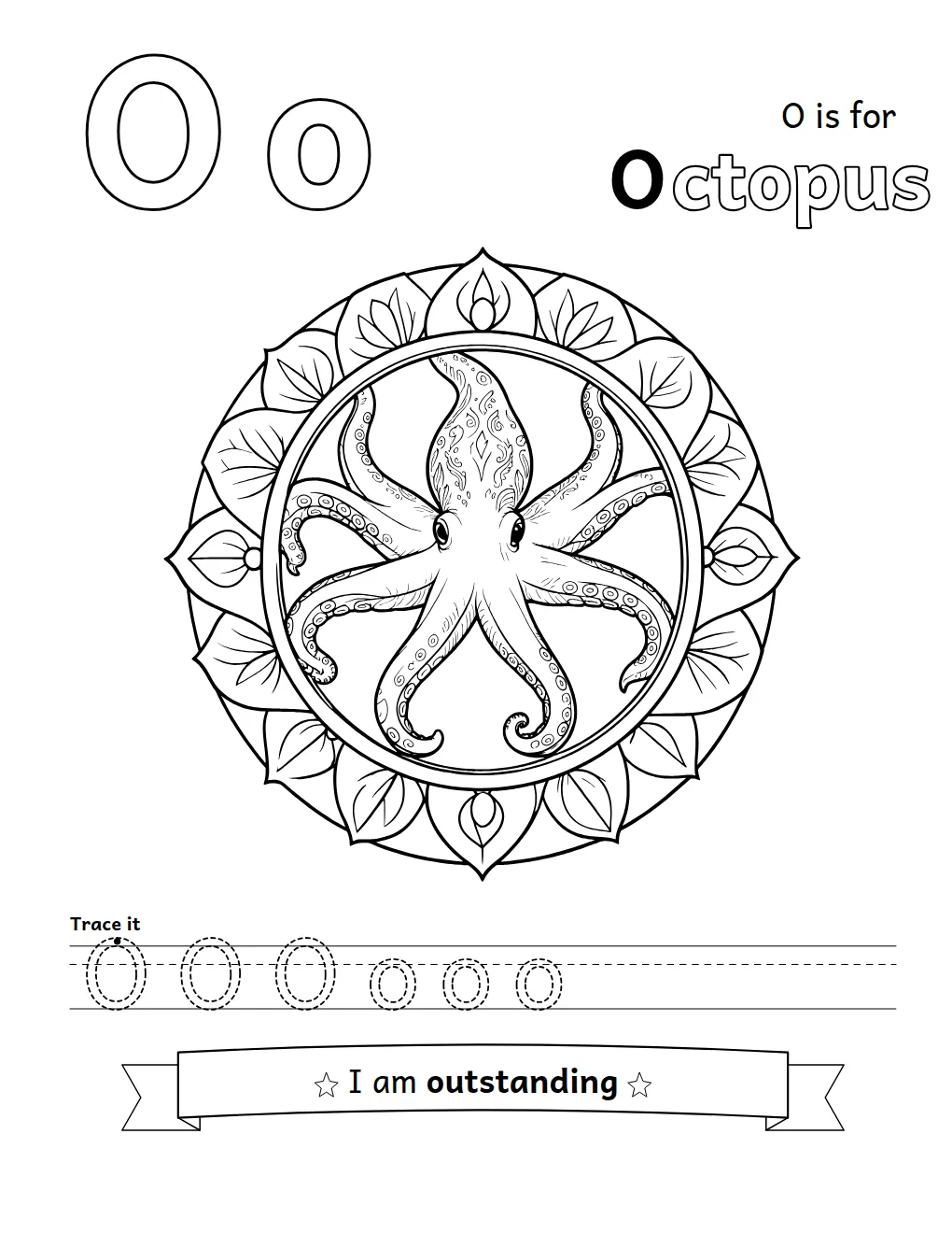 Letter O page: an octopus inside a mandala, trace-it letters and the affirmation "I am outstanding"