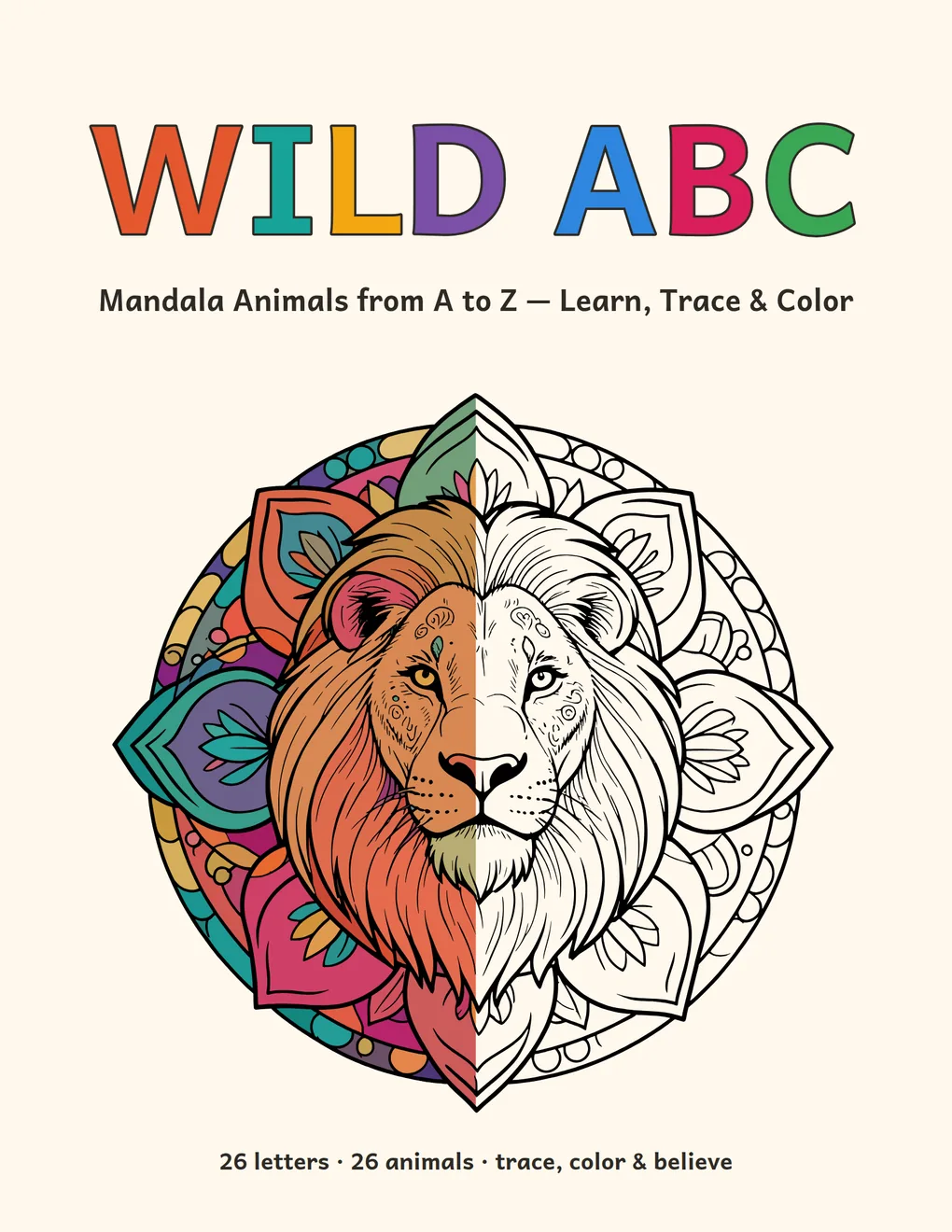 Wild ABC front cover: a lion inside a mandala, left half colored, right half left as line art, under a rainbow title